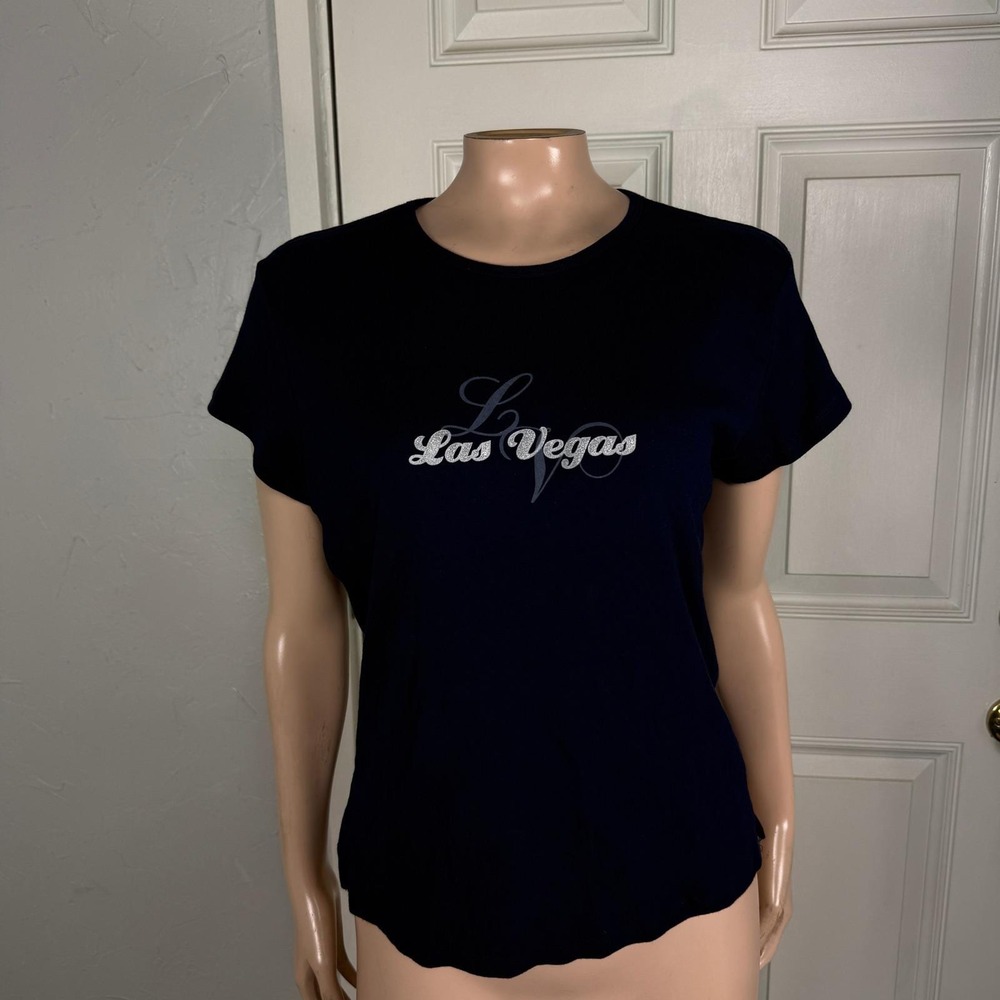 Vintage Y2K Shirt Las Vegas Cotton Baby Tee Knit XL Navy Blue Crew neck I4-25